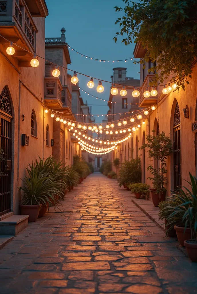 An Egyptian popular neighborhood in the year 2024 filled with joy and happiness, and this appears in the celebration of the month of Ramadan with decorations, lights, and an empty place on the ground to add a product.