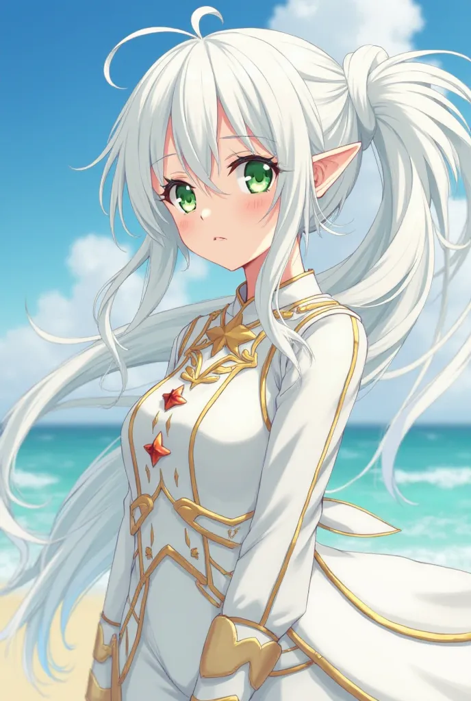  Make images for me : a beautiful 17-year-old girl with long white hair tied in two Maria Chiquinha, Your eyes are green but indifferent to the world, her skin is white and her ears are pointed (she is an elf) She wears a white outfit with gold details to ...