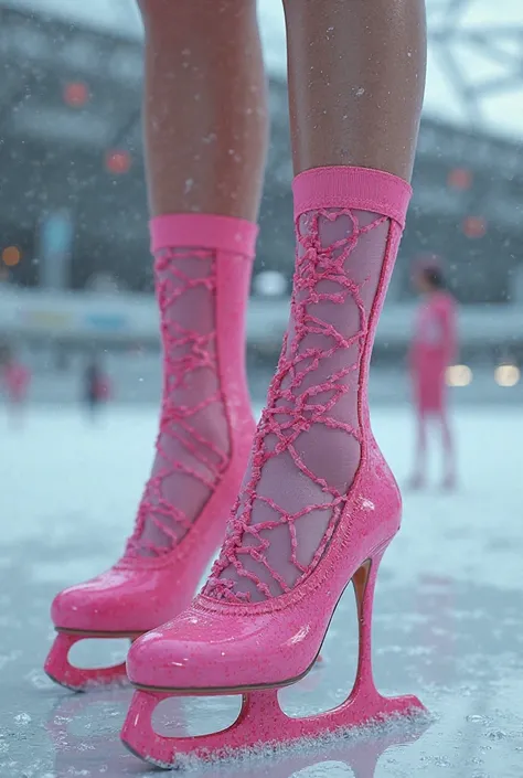 photo-realistic, ultra-realistic, very beautiful Japanese futuristic soldier,pink leotard,dramatic scene, masterpiece,close up of feet wearing pink high heel ice skates 