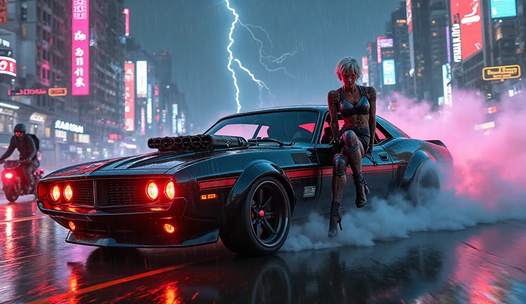 Create a brutal, futuristic, high-speed cover art for "Night Hunter", set in a cyberpunk dystopian city at night. The scene is drenched in deep red, electric blue, and violet neon lights, with heavy rain pouring onto the streets, making the asphalt shine l...