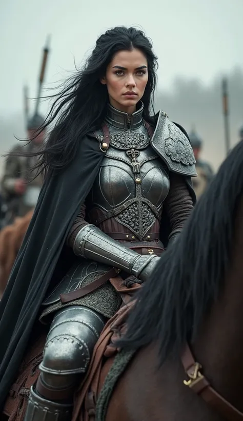 warrior, beautiful, strong, imposing, dark silver and black armor, long black hair,  pale skin,  golden eyes, Sitting on a war mare: black hair,  sealed , The warrior is in the midst of a war, There's a platoon behind her