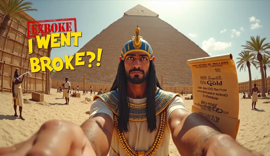 🎨 Main Visuals:
📱 Pharaoh Holding the Camera (Vlogger POV)

First-person selfie-style angle, as if the Pharaoh is recording himself for his vlog.
He wears a traditional Egyptian nemes headdress, but it’s slightly askew, showing his stress and exhaustion.
E...