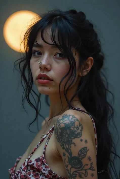 A woman with black hair, nose piercings tattoos, et avec deux chat en bas de l’écran et avec une lune dans le fond