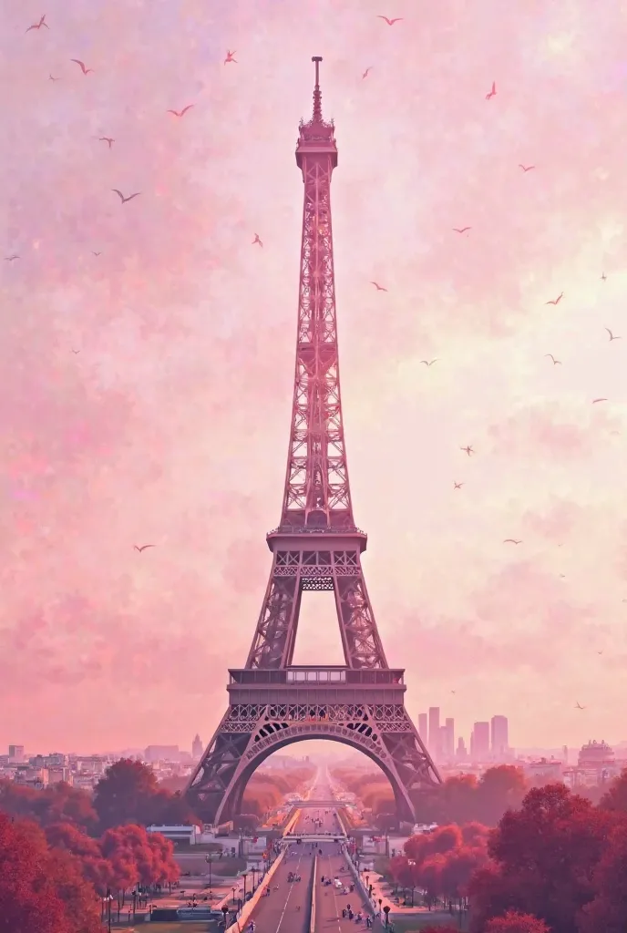 An astethic PAINT-style poster (that has PINK) of the Eiffel Tower 