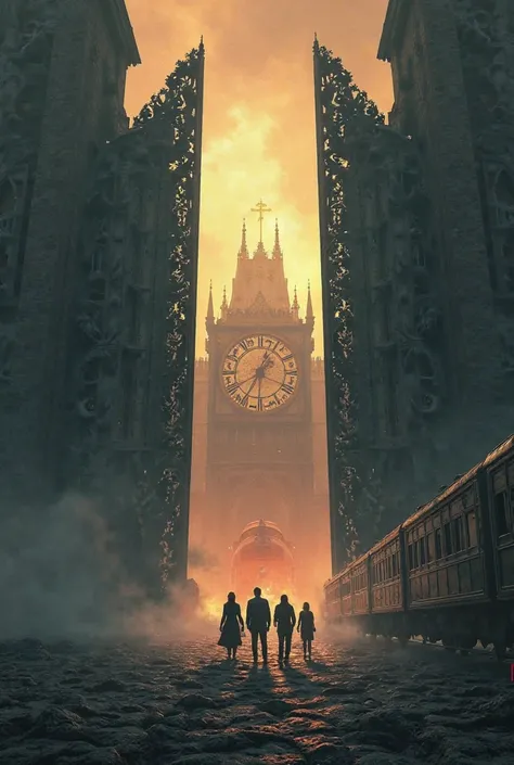  The Gates of Hell ,  Horsemen of the Apocalypse , , a huge clock with Roman numerals behind the gates of hell and a train leaves, four people are standing down far away (Two Girls and Two Guys)