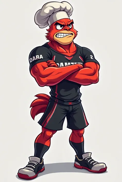 A digital illustration of a baker mascot for an e-sports team. The baker has a fierce and determined expression, standing with arms crossed in a powerful pose. He wears a black, red, and white jersey, black shorts, and red knee-high socks. His uniform has ...