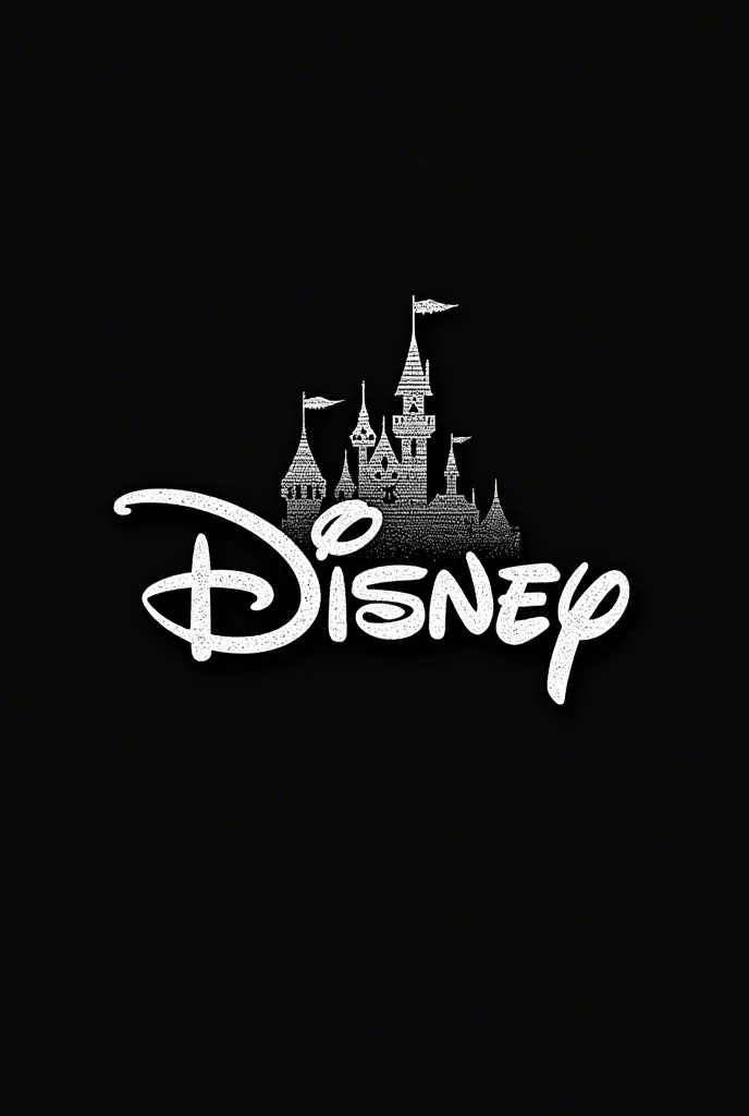 Imagine the Disney logo reinterpreted as:

A wordmark with a glitter-like texture, created using short, overlapping lines.

The castle with a brick-like texture, adding depth and realism.

The overall design is black and white, with subtle shading to creat...