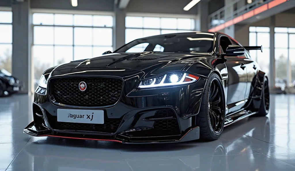 A  front side 3D render of a heavily modified 2025 jaguar xj in black color, viewed from the front sides view. The car features front sides view  ultra-high-detail glossy and shiny modifications, including sleek add-ons. The jaguar logo is prominently disp...