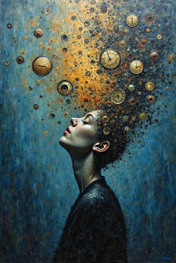 Emotional oil painting: a person dissolving into a storm of fragmented illusions — clocks, eyes, whispers. Moody blues and golds, textured brushstrokes, symbolism of lost reality, inspired by Salvador Dali and Zdzisław Beksiński