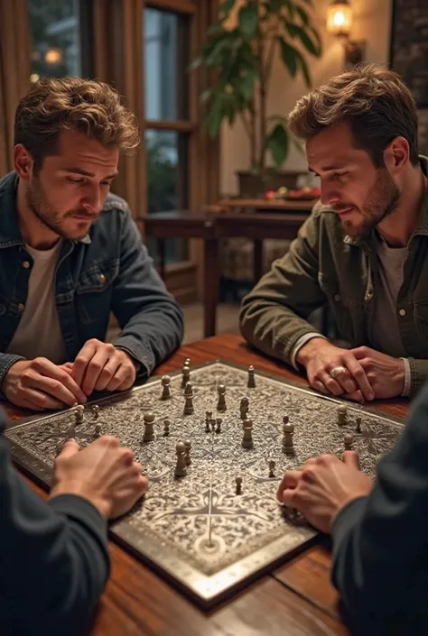 3 men playing silver board game