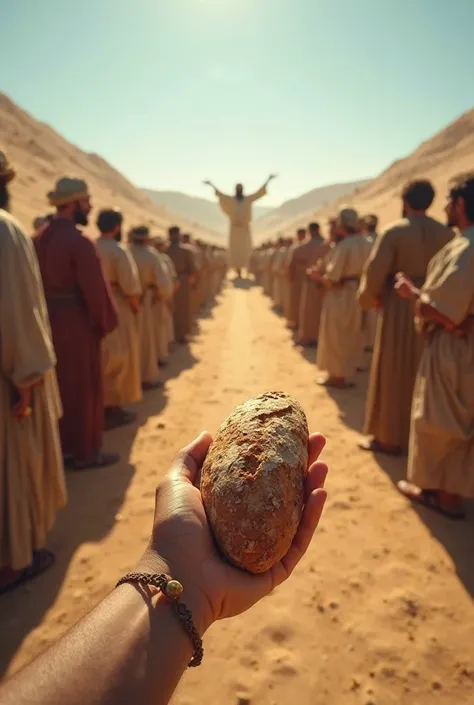 POV image ( I'm holding a loaf of bread ) Environment ( It is the time of Jesus and he is preaching to his faithful 