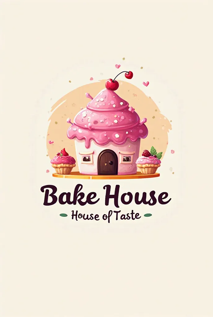 My bakery name is "Bake House" with punch line 'House of taste'.make me a logo in which pink cake is shaped like a house amd and whole logo is colorfull