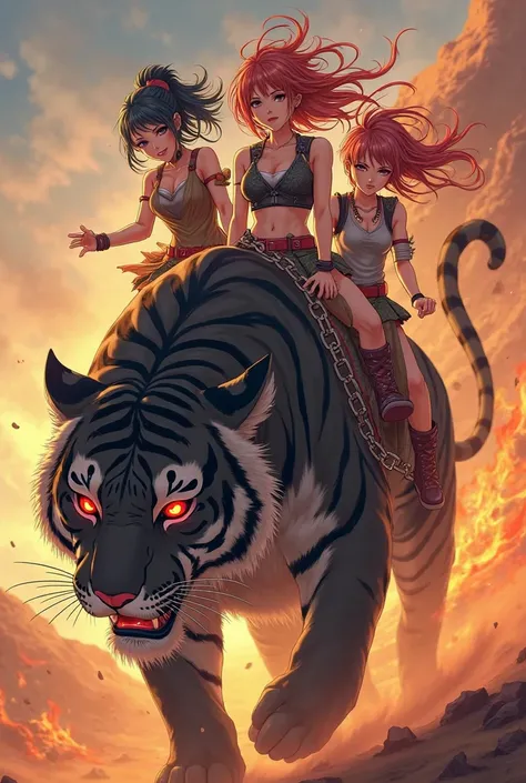 In anime format make 3 women with different hair riding on a black tiger with red eyes with a chain saddle burning in the desert 