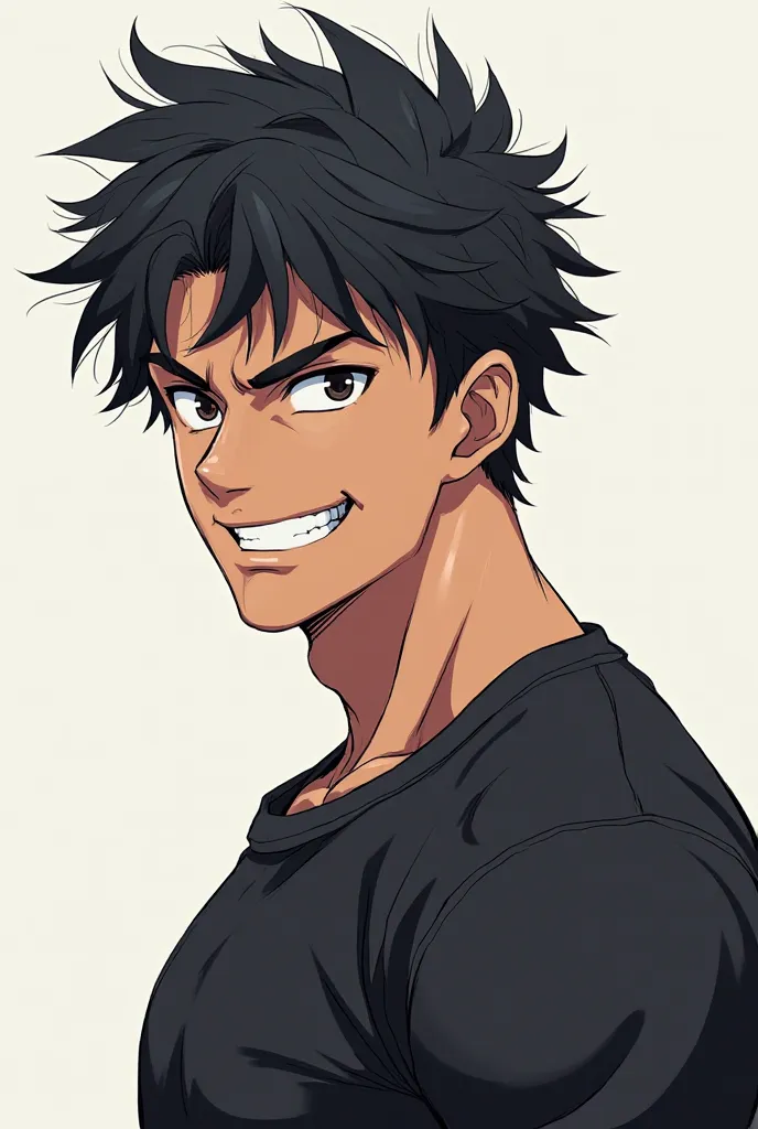 Young Anime guy, black messy haired, built, smirking with his teeth with black clothes 