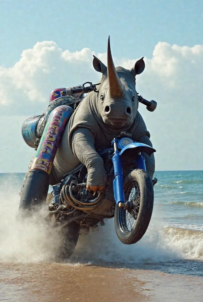 a gigantic rhinoceros that does a Big rear wheelie on a Large blue Yamaha tenerre with a large blue motocross mudguard on the beach Speeding up Emitting the rhinoceros with diesel smoke With Large exhaust pipes on the rhinoceros’s back wearing With a extre...