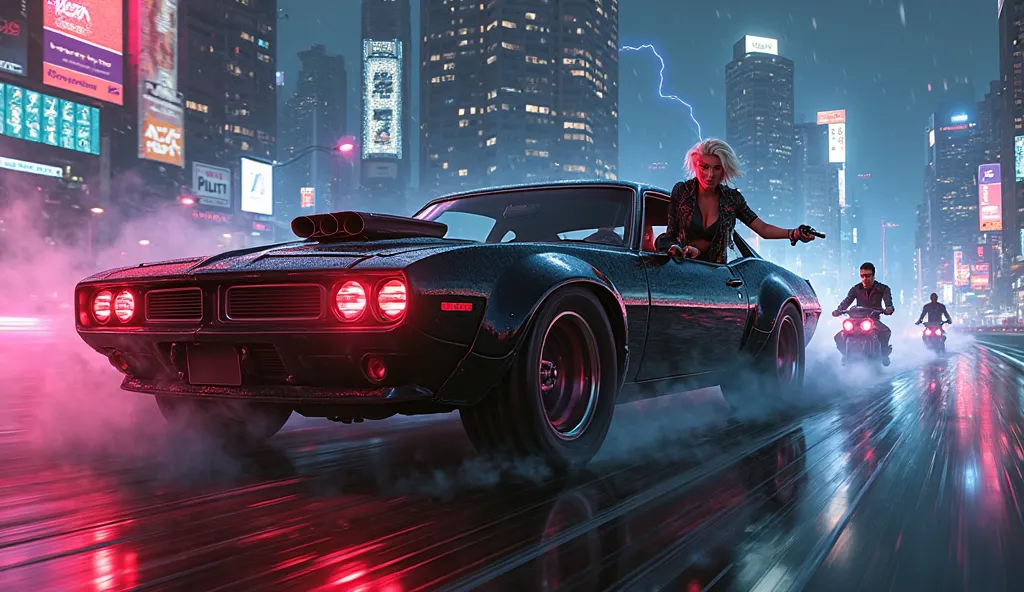 Create a brutal, futuristic, high-speed cover art for "Night Hunter", set in a cyberpunk dystopian city at night. The scene is drenched in deep red, electric blue, and violet neon lights, with heavy rain pouring onto the streets, making the asphalt shine l...