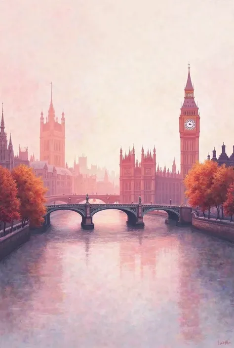 A n asthetic painting of London that you can appreciate the landscape, leaning towards shades of pink