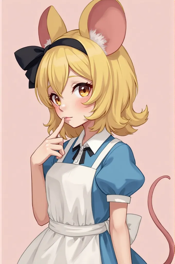 Masterpiece, t-shirt,
fondo rosa,   spoken question mark , 
1 girl, head tilt,  finger in the mouth , thinking, upper body, from side, looking at the spectator,
 Alice Liddell (Lidell),  blue,  white apron background, black headband,  by the blond hair, an...