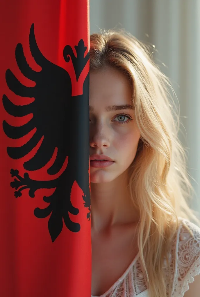 The word "4DA" with the Albanian flag and a blonde girl behind it