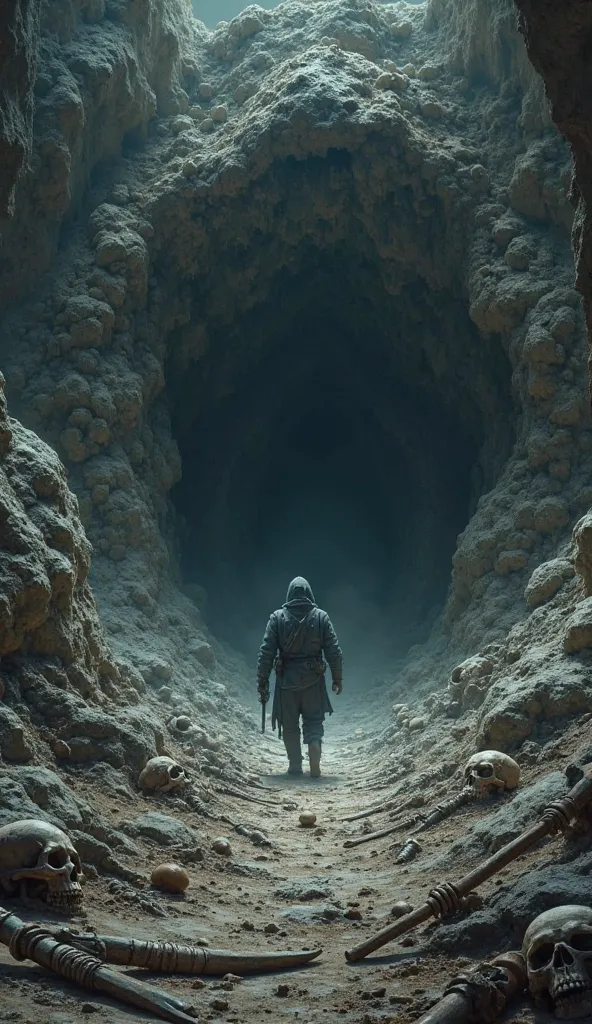 A dark cave entrance with skeletons and abandoned weapons lying near the entrance, covered in dust. and the cave suddenly destroying a man in the cave 