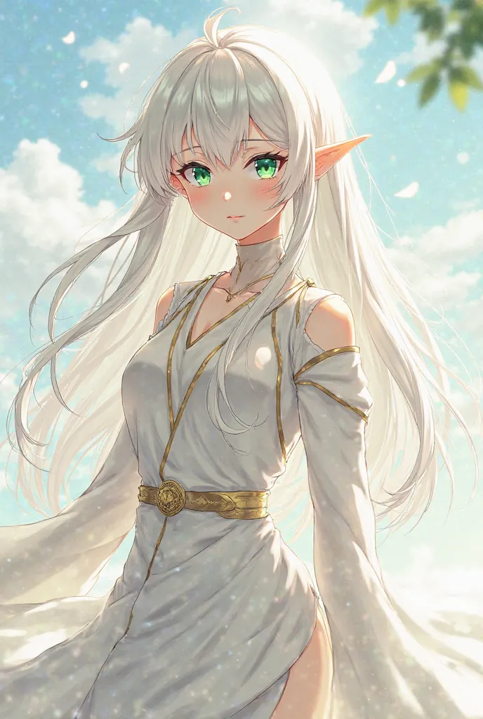  Make images for me : a 17-year-old girl with long white hair, Your eyes are green but indifferent, her skin is white and her ears are pointed (she is an elf) She wears a white outfit with gold details to make her hair fly in the wind she belongs to the un...