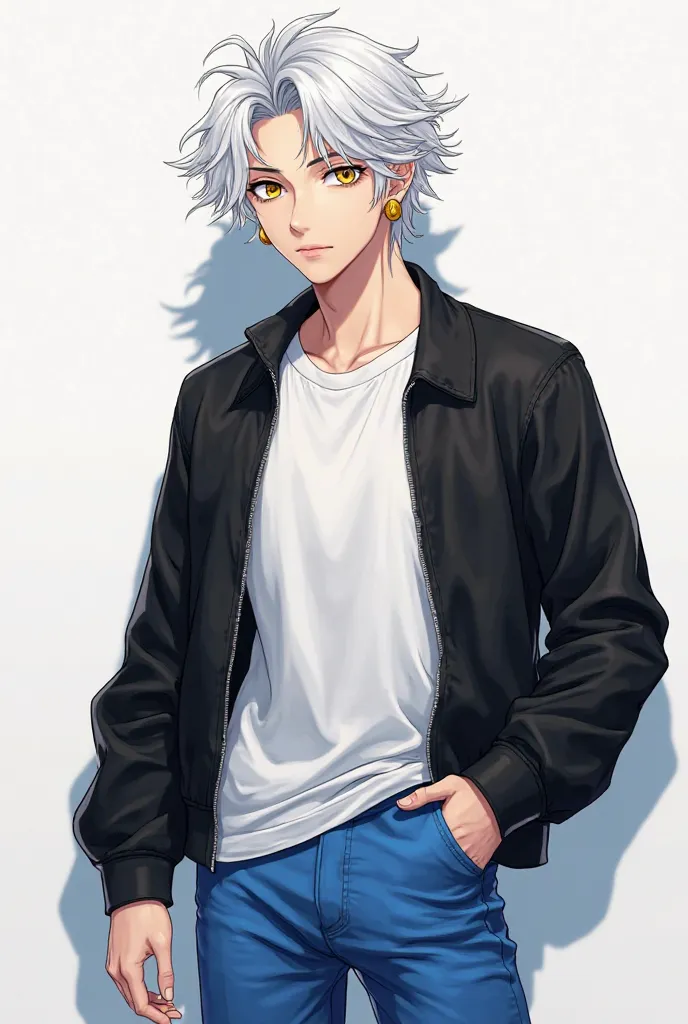 (maximum quality, best quality,  official art , beautiful and aesthetic:1.2)  men's anime earings,  boy, white hair,  golden eyes,  fair skin,  black sweatshirt, white t-shirt, Jeans azul, Without earrings.
