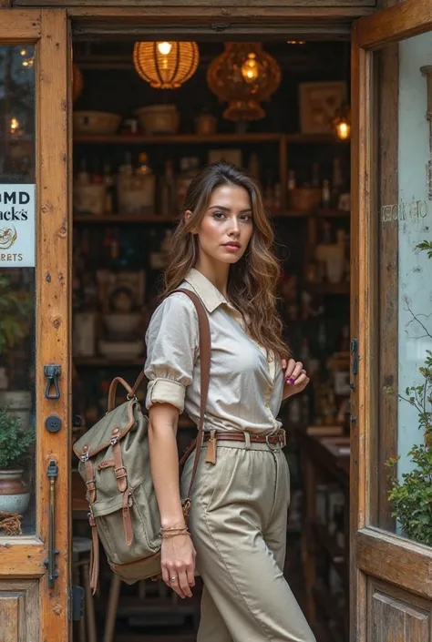 A beautiful lady standing in front of her shop backing a backpack and holding a scissor with the brand name on the wall. FMD Crafts