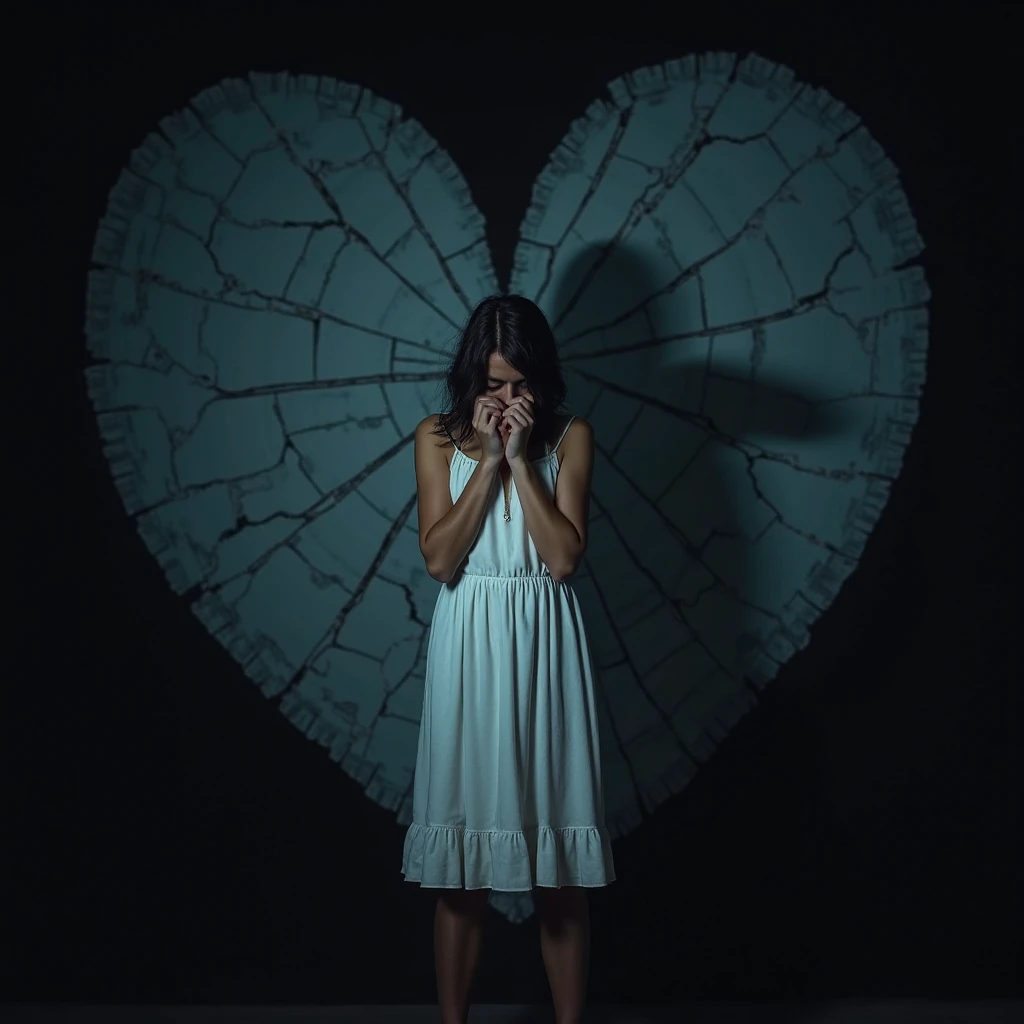 A woman in white knee-length dress, standing in the dark, looking lost and emotionally exhausted, with a shadowy figure behind her. The background is moody with blue tones, symbolizing sadness and confusion. A broken heart or shattered mirror effect subtly...