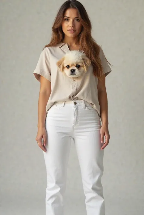 Super realistic photo of a stunning and voluptuous woman standing straight ahead in a dominant pose wearing light clothes and white jeans. The woman's face should be that of a small and skinny Pekingese puppy