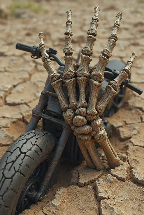 Create an image of a skeleton hand coming off the ground and holding a motorcycle handlebar