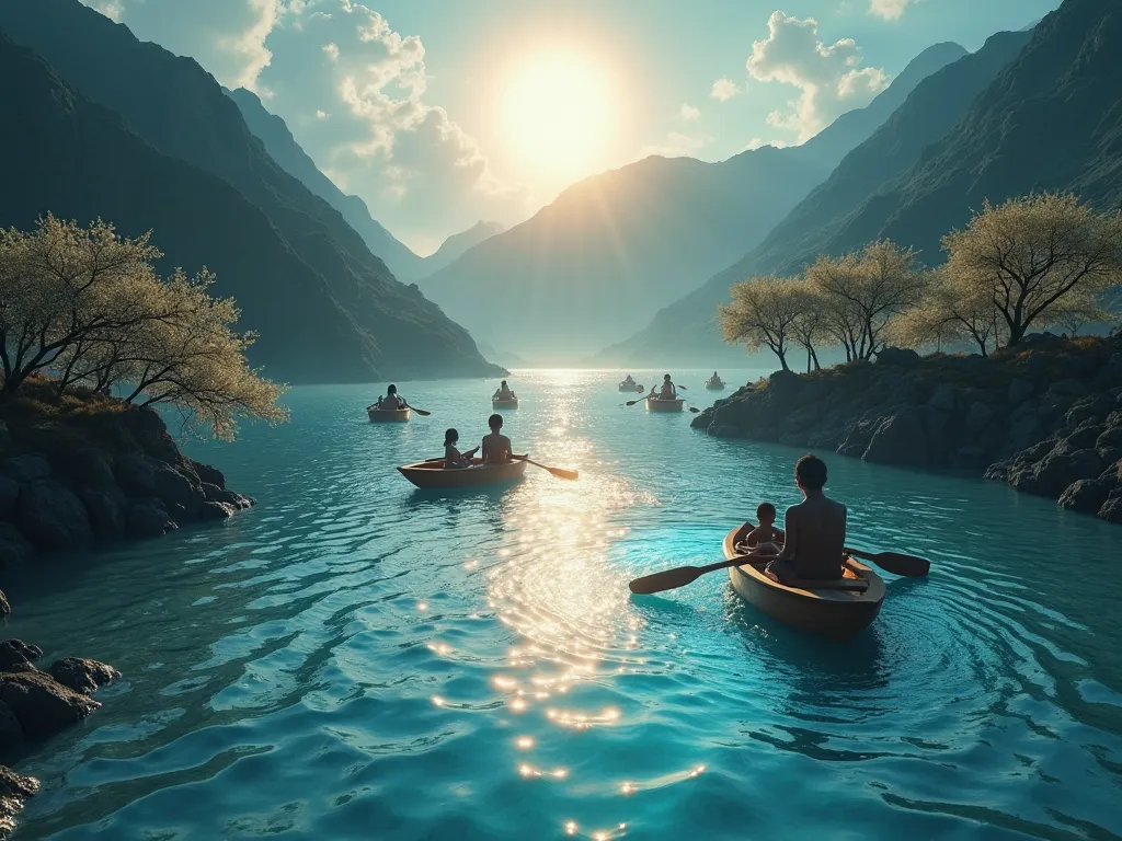 "A river of liquid light in 8k, that flows through a valley surrounded by black mountains. In the river, small wooden boats, each carrying a human figure with a serene expression. On the banks of the river , trees that seem to be made of crystal, reflectin...