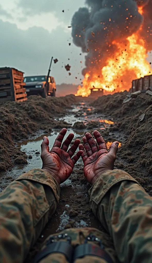 Ultra-realistic 4K war scene, first-person perspective of a soldier lying on the muddy battlefield, desperately reaching out with both hands covered in dirt and blood. The chaotic environment is filled with destruction—an enormous explosion erupts in the d...