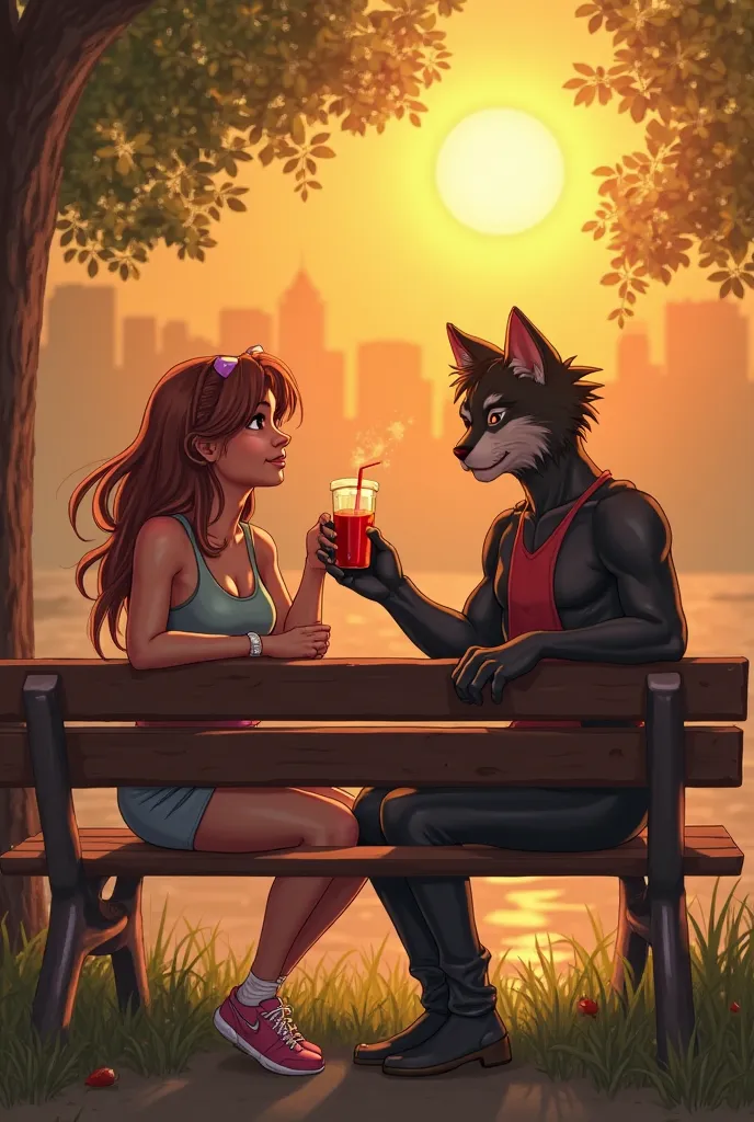 A Shared Moment**
- **Description**: The two are sitting on a park bench after a workout, sharing a smoothie. The woman is relaxed and smiling, while the cat-man looks at her with admiration. The sunset casts a golden glow over the scene.
- **Mood**: Warm ...