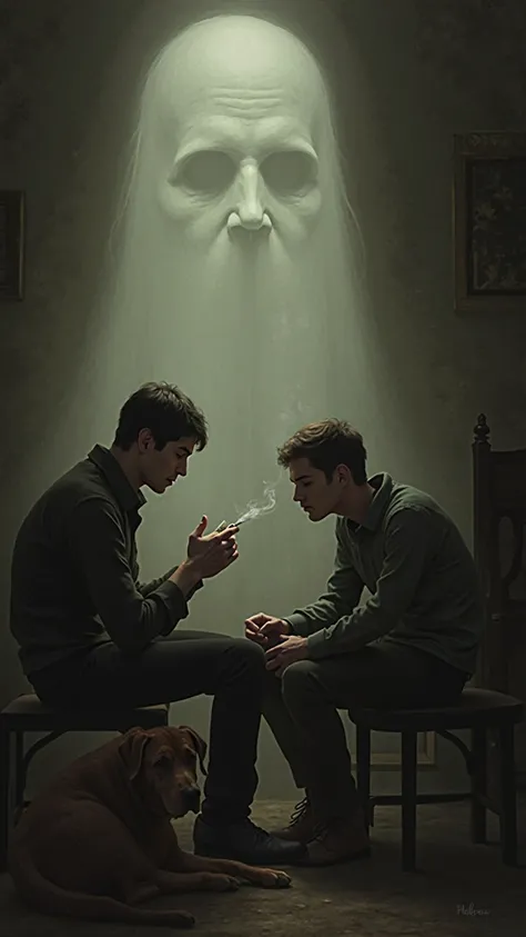 A man sits in a secluded room, another friend rolls a cigarette, the room is full of smoke, a ghost's face is visible in the smoke, a dog sits next to the man