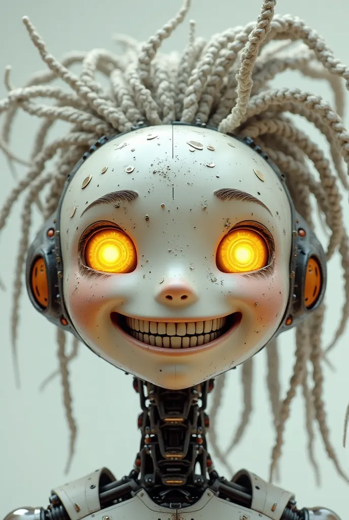 Pls give me a robot face, smiling with yellow eyes and having dreads and is a male