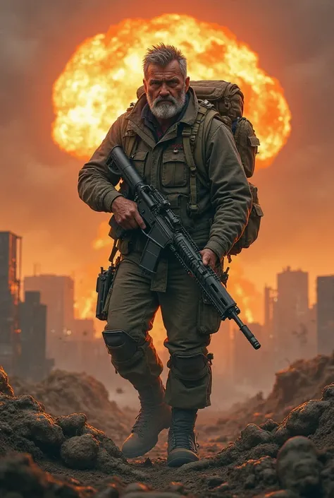 A man with a prosthetic left leg with a weapon, A backpack. With a nuclear explosion behind him. With human remains on the ground