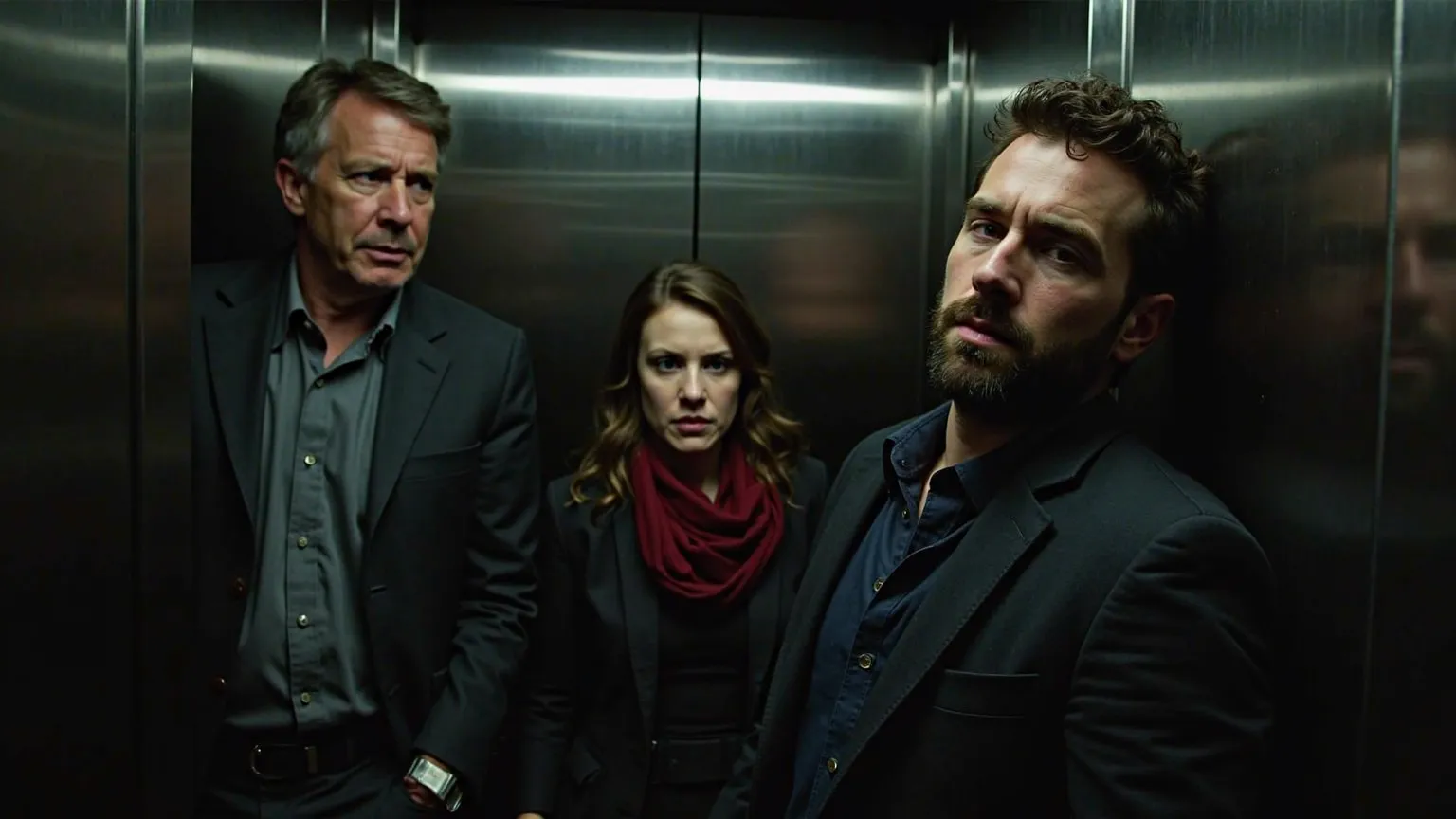 "A tense and dramatic scene inside a modern elevator with shiny metal panels and dim lighting. A middle-aged man is staring anxiously at his phone, a young woman in a red scarf looks slightly concerned, and a man, Brian, is visibly distressed. Brian is lea...