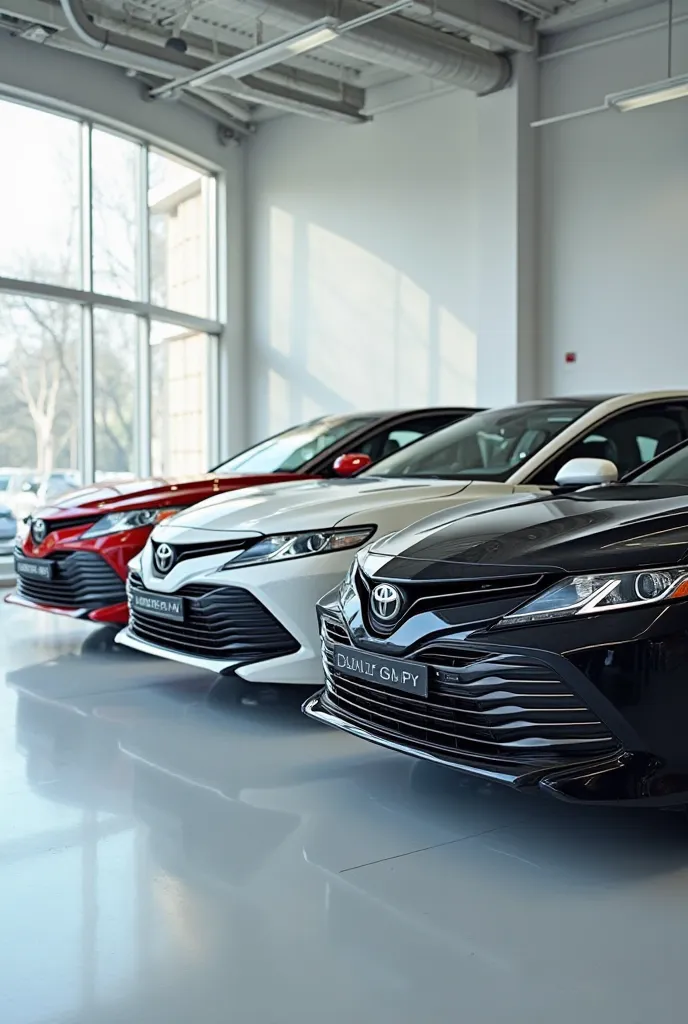 **"A side-by-side comparison of the Toyota Camry 2024 in different colors: pearl white, metallic silver, and midnight black. The cars are parked in a showroom with bright lighting."**