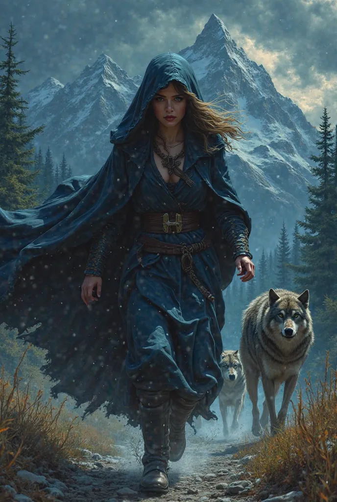 A beautiful woman in a hood been chased by wolves and men