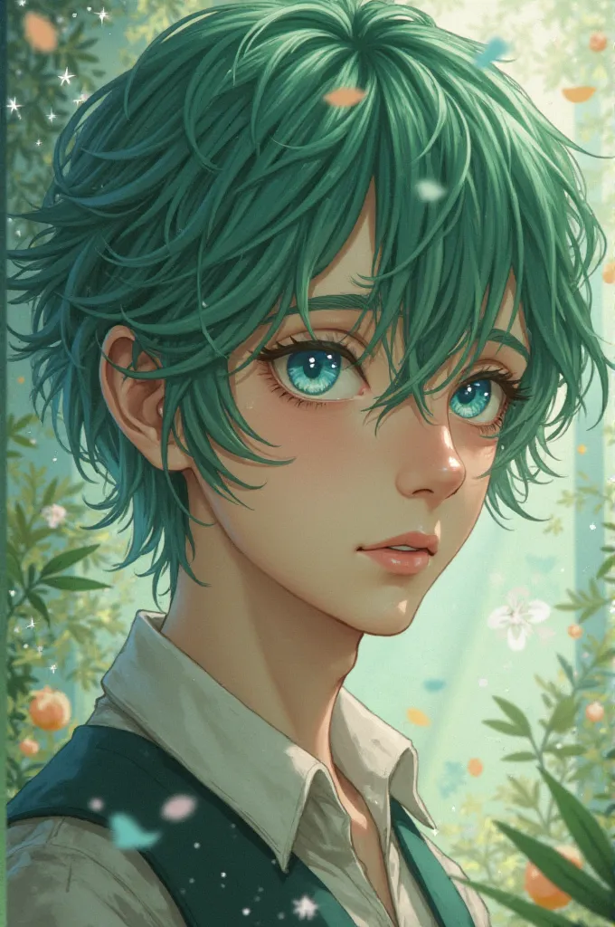 Man with green hair and blue eyes. Ghibli style animation