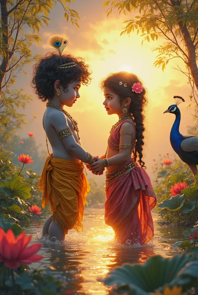 Krishna is a four-year-old . a body the color of a storm cloud. The dhoti is yellow, with a peacock feather in the hair. Radharani's three-year-old  is dressed in a chola and a sari the color of a ripe plum. Jewelry on the neck and on the head. Sunrise. cr...