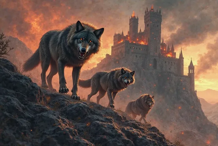 Wolves coming down to an almost burning castle