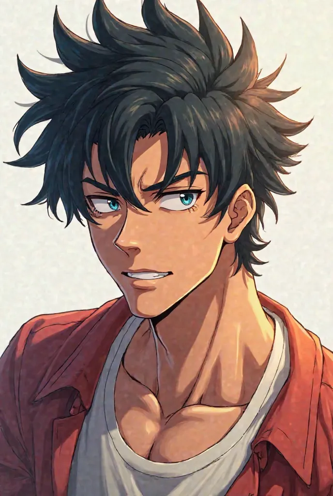 Anime guy ,black messy hair,built, nonchalant 