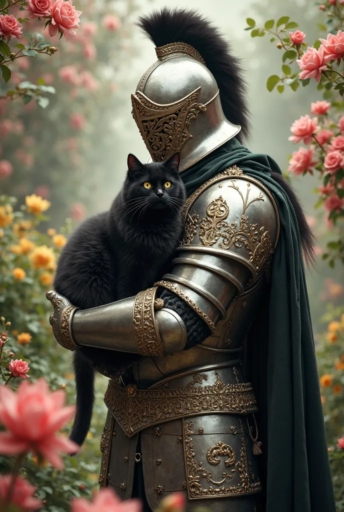 A medieval knight in full costume and helmet,in a beautiful flower garden embracing a black cat in an affectionate way