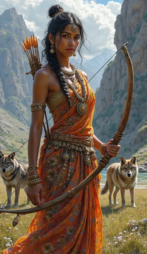 A beautiful Indian woman , with their native trages.  holding a bow and arrow . And in the background a Wolf with her cubs.