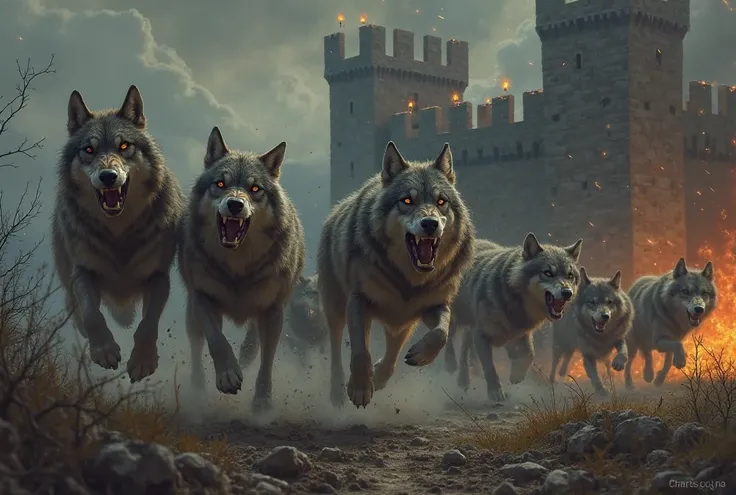 Horde of wolves attacking towards an almost burning castle. realistic 