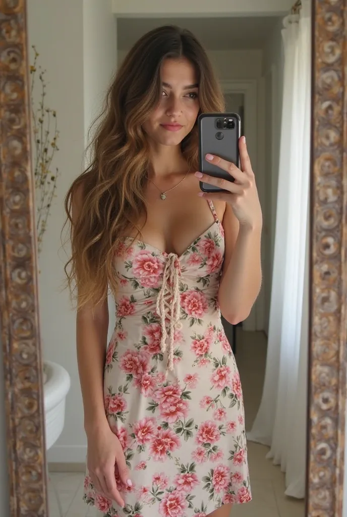 Photo taken from the cell phone of an 18-year-old age girl with long brown and wavy hair and body, dressed in a summer dress printed with flowers,  taking a full body photo in a mirror with her cell phone 
