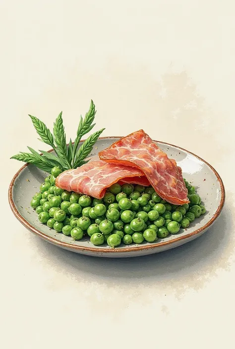 and now, You can draw a picture of a plate of peas cooked with ham and that the peas and the type of drawing are similar to the previous one?