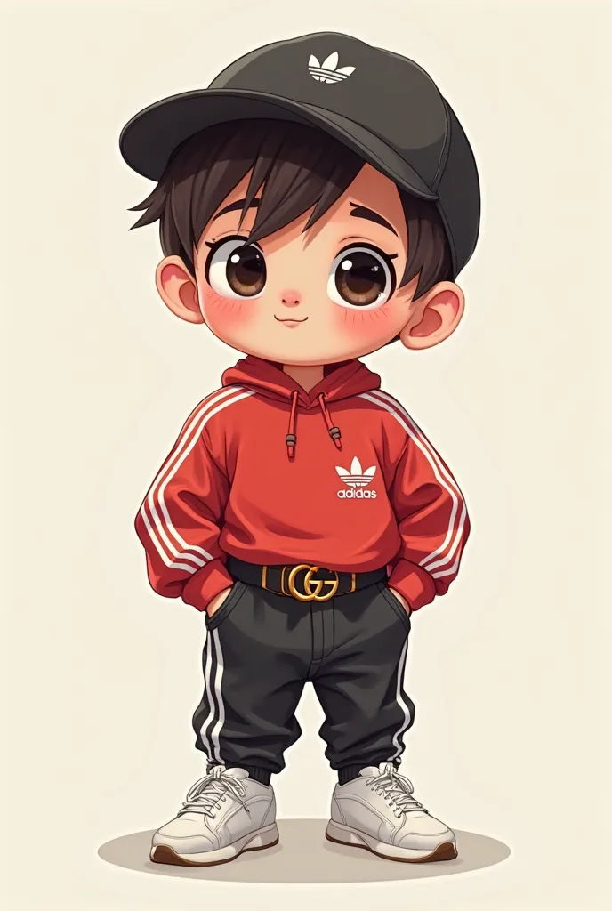 Chibi with red adida sweater with white stripes and a black adida sweater and a white sneaker with a gold guci waist belt and with jocky Gucci white leather