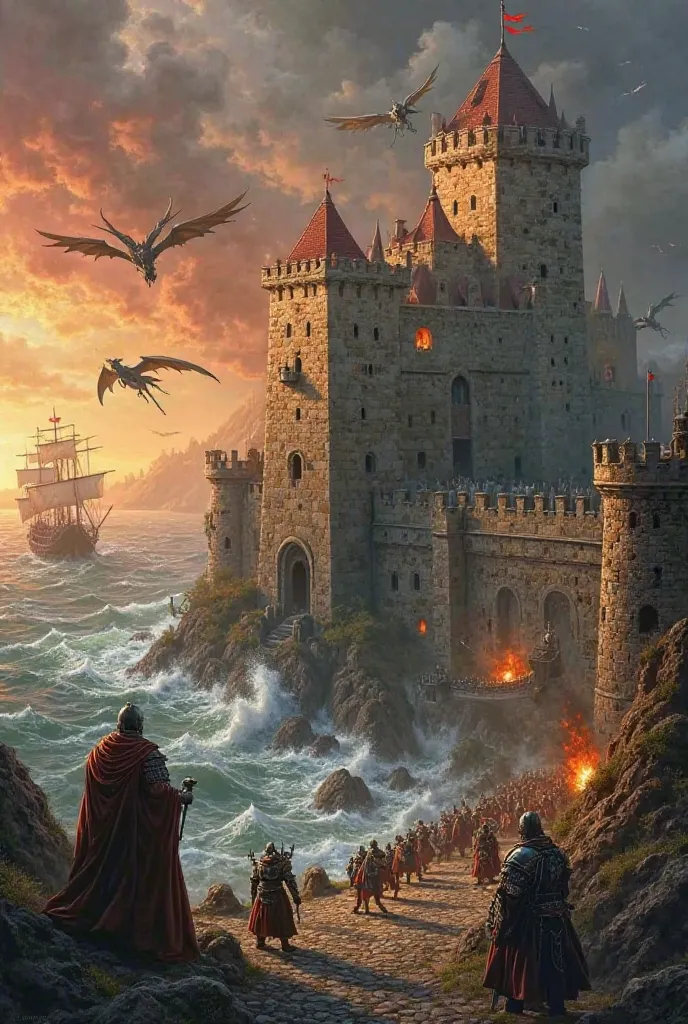 medieval castle being invaded by knights, Scene era, Dungeons n Dragons style, dragons setting fire, busty villagers in the window, smoke and fire in the castle, panoramic view, human lizards climbing stairs, paladines in hot metal armor fighting, OIL PAIN...